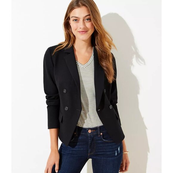NWT Ann Taylor LOFT Womens Size 0 Black Ponte Double-Breasted Blazer Jacket NEW - Picture 1 of 3